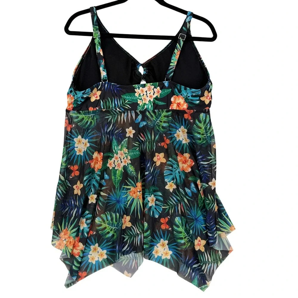 Tropical Floral Mesh Handkerchief Hem Tankini Swim‎ Top Black 3XL
